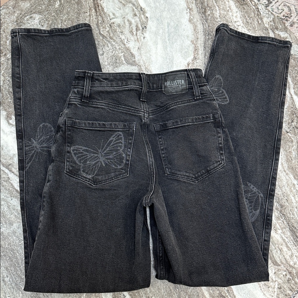 Hollister Ultra High-Rise Washed Black Butterfly Print Dad Jeans Sz 000 / 23R - Picture 9 of 11
